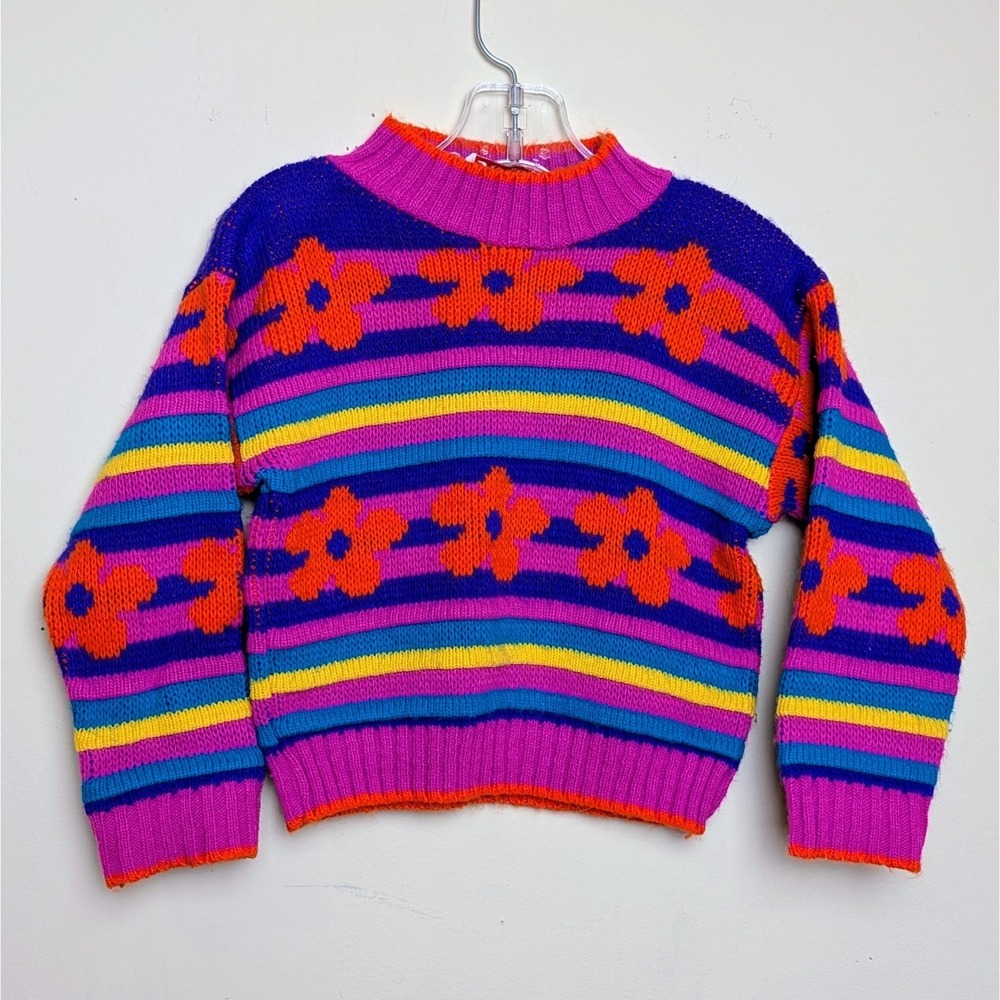Vintage Grand Knitwear Floral Flowers Bright Colorblock Sweater Girls 3T